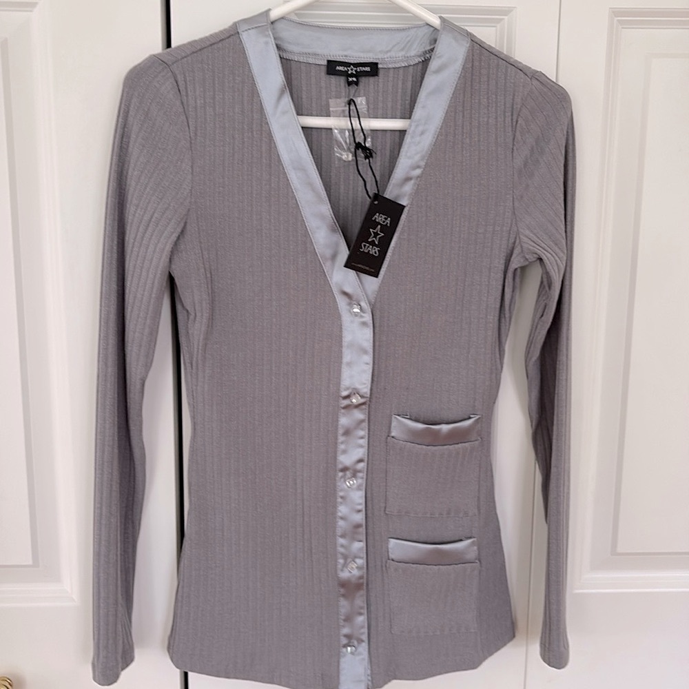 Area Stars Gray Ribbed Cardigan with Satin Look Trim